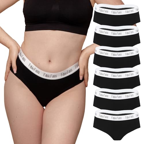 Fabio Farini Damen Pantys 6er Pack Frauen Hipster Panties Set aus Baumwolle, mit weiß abgesetztem Bund Schwarz Set M von Fabio Farini