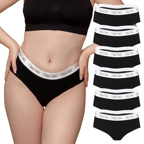 Fabio Farini - Damen Pantys 6er Pack Frauen Hipster Panties Set aus Baumwolle, mit weiß abgesetztem Bund Schwarz M von Fabio Farini