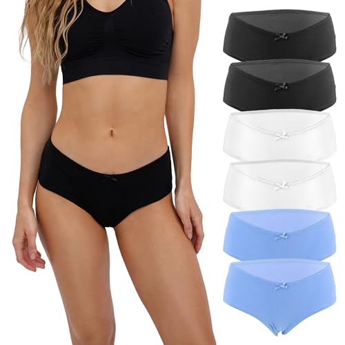 Fabio Farini Damen Pantys Bikini-Slips 4er & 6er Pack Mehrere Farben und Größen, 95% atmungsaktive Baumwolle M 6er Pack ohne Spitze 2X Weiß/2x Schwarz/2x Hellblau von Fabio Farini