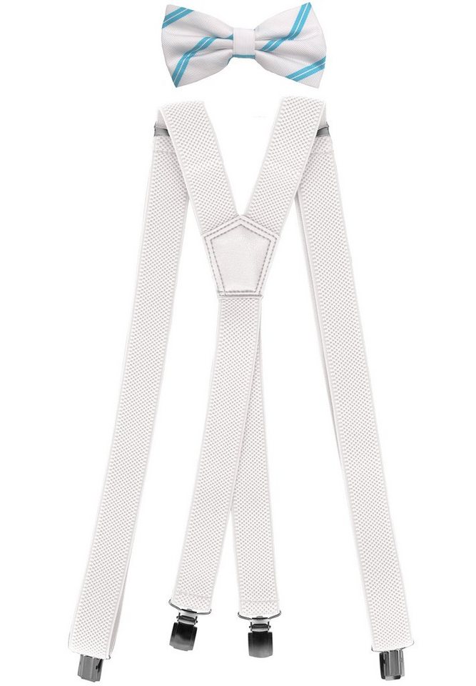 Fabio Farini Hosenträger Herren Hosenträger Pack 3cm X-Form mit passender Fliege Set Weiß 3cm Hosenträger - Weiß/Türkis Gestreifte Fliege von Fabio Farini