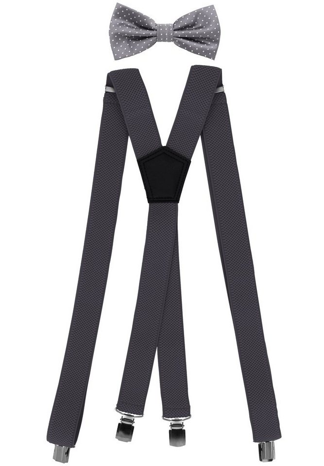 Fabio Farini Hosenträger Herren Hosenträger Pack 3cm X-Form mit passender Fliege Set Grau 3cm Hosenträger - Grau Gepunktete Fliege von Fabio Farini