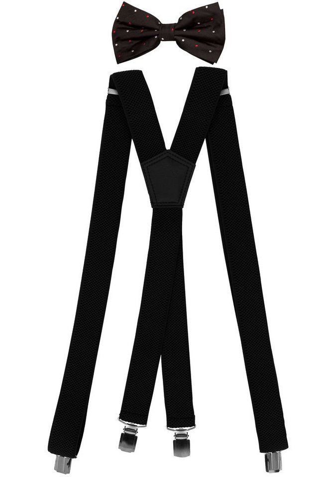 Fabio Farini Hosenträger Herren Hosenträger Pack 3cm X-Form mit passender Fliege Set Schwarz 3cm Hosenträger - Schwarz/Rot Gepunktete Fliege von Fabio Farini