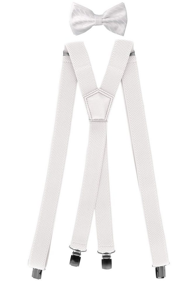 Fabio Farini Hosenträger Herren Hosenträger Pack 3cm X-Form mit passender Fliege Set Weiß 3cm Hosenträger - Weiß Unifarben Streifen Struktur Fliege von Fabio Farini