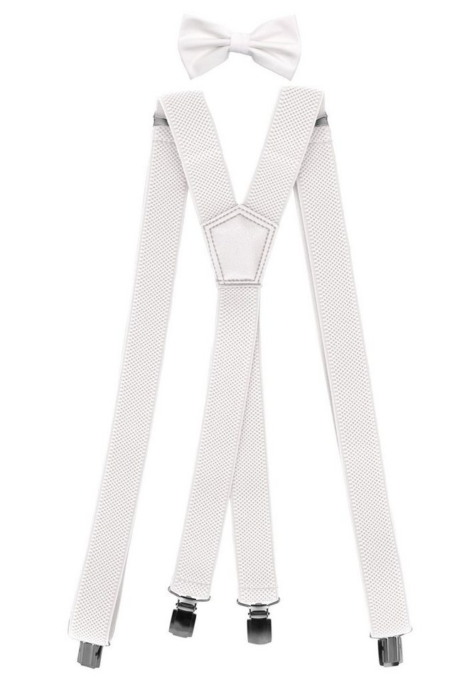 Fabio Farini Hosenträger Herren Hosenträger Pack 3cm X-Form mit passender Fliege Set Weiß 3cm Hosenträger - Weiß Unifarben Struktur Fliege von Fabio Farini