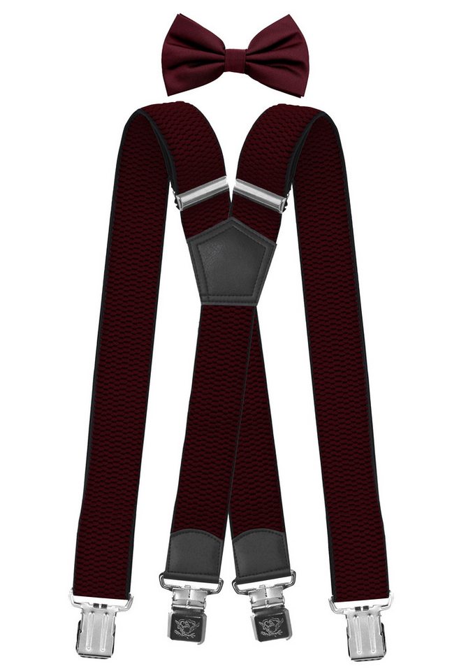 Fabio Farini Hosenträger Herren Hosenträger Pack 4cm X-Form mit passender Fliege Set Brombeere 4cm Hosenträger - Brombeere Unifarbene Fliege von Fabio Farini