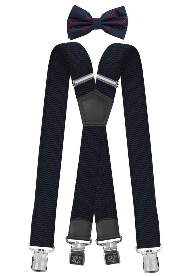 Fabio Farini Hosenträger Herren Hosenträger Pack 4cm X-Form mit passender Fliege Set Dunkelblau 4cm Hosenträger - Dunkelblau/Rot Gestreifte Fliege von Fabio Farini