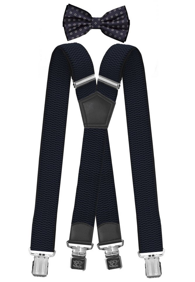 Fabio Farini Hosenträger Herren Hosenträger Pack 4cm X-Form mit passender Fliege Set Dunkelblau 4cm Hosenträger - Dunkelblau/Weiß/Grau Gepunktet Fliege von Fabio Farini