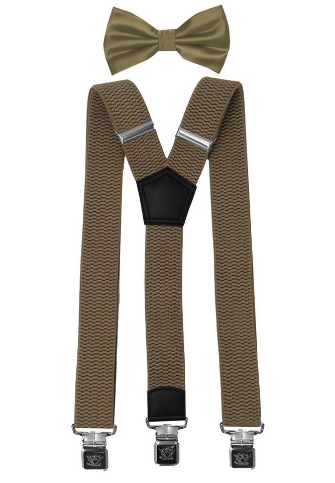Fabio Farini Hosenträger mit passender Fliege als Set 4cm Y-Form für Herren Pack Beige 4cm Hosenträger - Unifarben Fliege von Fabio Farini