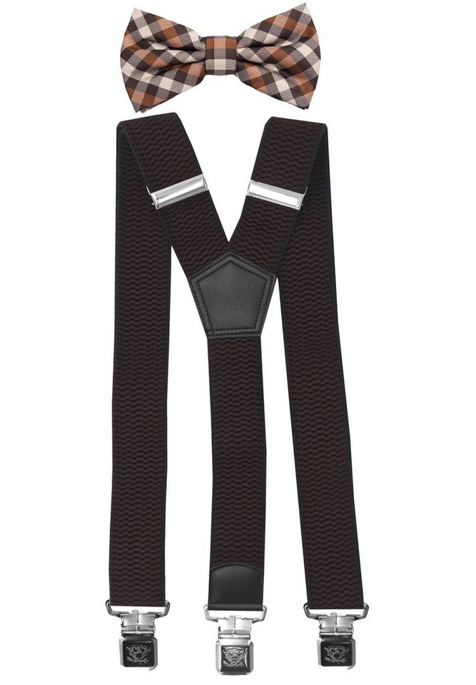 Fabio Farini Hosenträger mit passender Fliege als Set 4cm Y-Form für Herren Pack Braunen 4cm Hosenträger - Braun Karierte Fliege von Fabio Farini