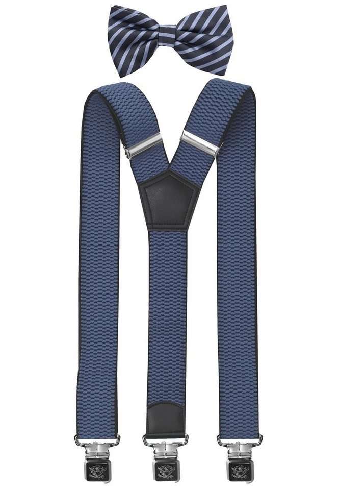 Fabio Farini Hosenträger mit passender Fliege als Set 4cm Y-Form für Herren Pack Blauen 4cm Hosenträger - Blau/Dunkelblau Gestreiften Fliege von Fabio Farini