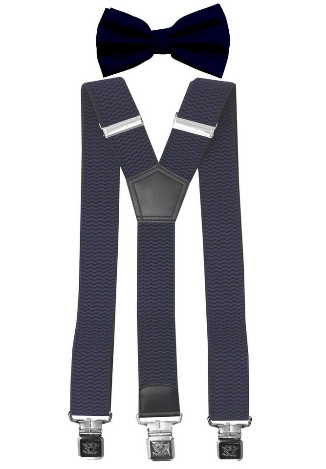 Fabio Farini Hosenträger mit passender Fliege als Set 4cm Y-Form für Herren Pack Dunkelblau 4cm Hosenträger - Dunkelblau Unifarben Fliege von Fabio Farini