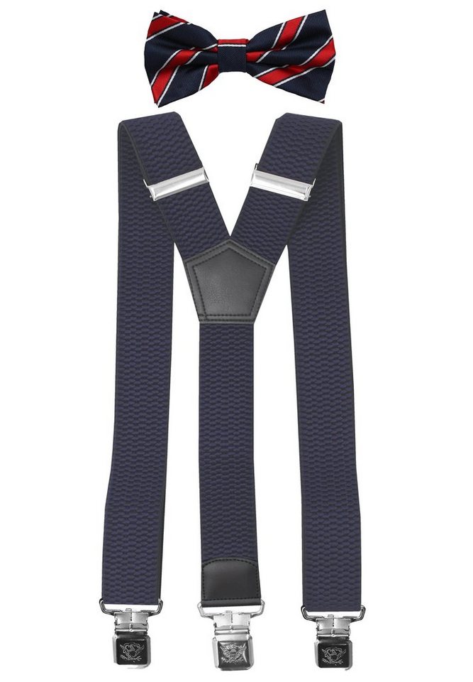 Fabio Farini Hosenträger mit passender Fliege als Set 4cm Y-Form für Herren Pack Dunkelblau 4cm Hosenträger - Dunkelblau/Rot Gestreifter Fliege von Fabio Farini