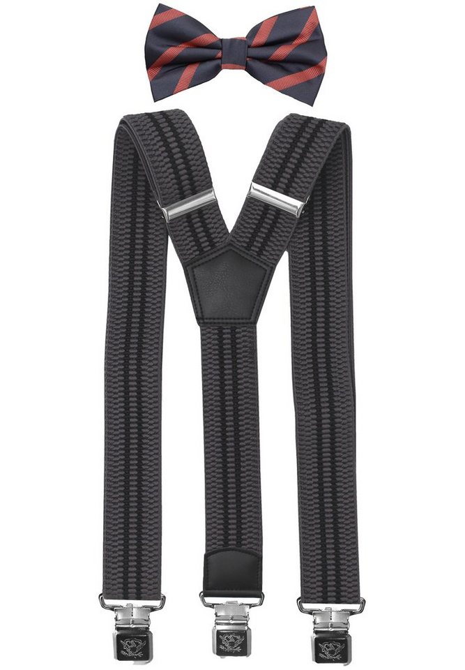 Fabio Farini Hosenträger mit passender Fliege als Set 4cm Y-Form für Herren Pack Grau Streifen 4cm Hosenträger - Grau/Hellrosa Gestreifter Fliege von Fabio Farini