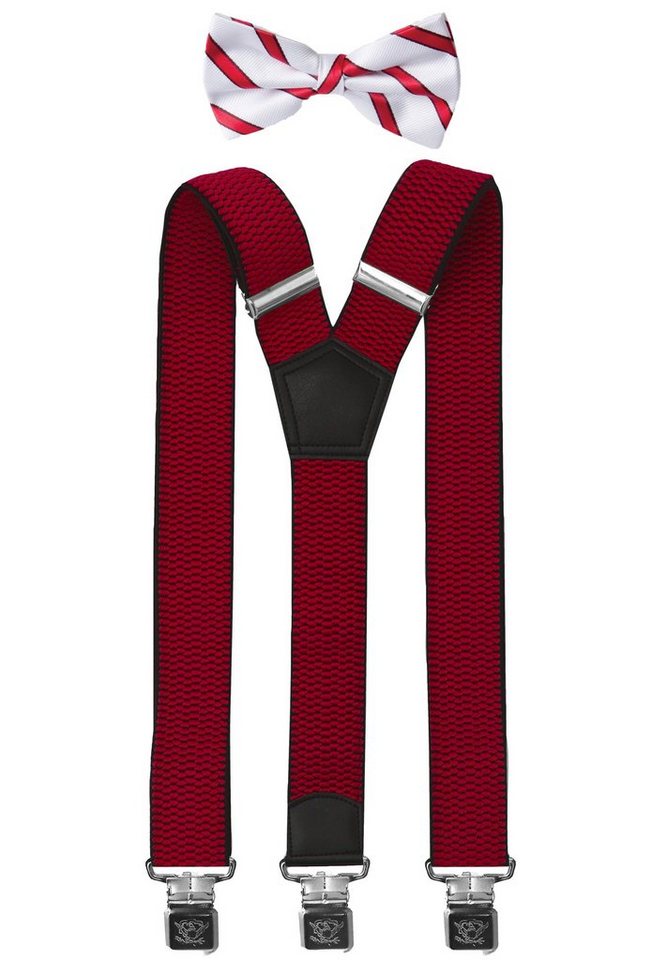Fabio Farini Hosenträger mit passender Fliege als Set 4cm Y-Form für Herren Pack Rot 4cm Hosenträger - Rot/Weiß Gestreifter Fliege von Fabio Farini