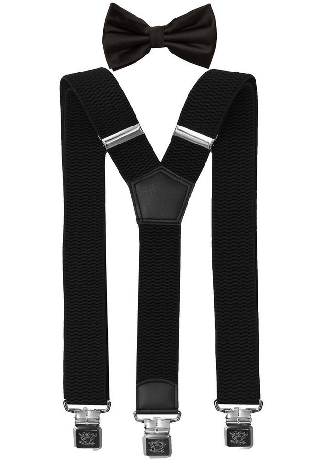 Fabio Farini Hosenträger mit passender Fliege als Set 4cm Y-Form für Herren Pack Schwarz 4cm Hosenträger - Schwarz Unifarben Fliege von Fabio Farini