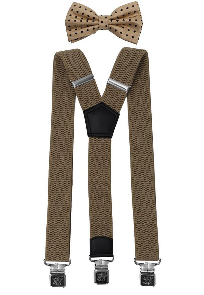 Fabio Farini Hosenträger mit passender Fliege als Set 4cm Y-Form für Herren Pack Beige 4cm Hosenträger - Beige/Schwarz Gepunktete Fliege von Fabio Farini