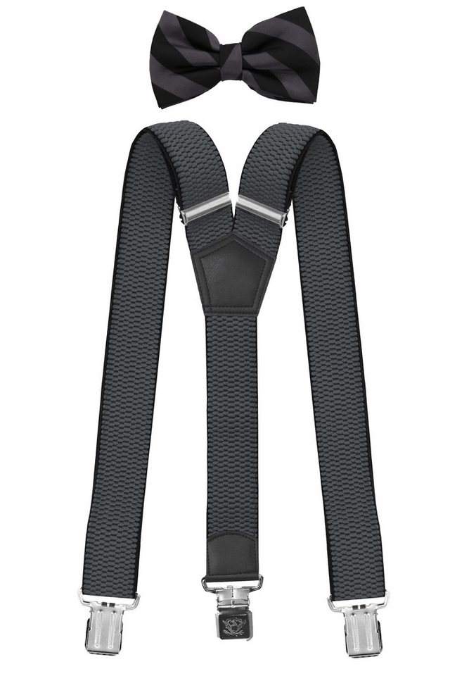 Fabio Farini Hosenträger mit passender Fliege als Set 4cm Y-Form für Herren Pack Grau 4cm Hosenträger - Grau/Schwarz Gestreifter Fliege von Fabio Farini