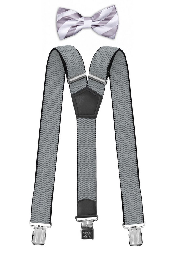 Fabio Farini Hosenträger mit passender Fliege als Set 4cm Y-Form für Herren Pack Hellgrau 4cm Hosenträger - Silber/Weiß Gestreifter Fliege von Fabio Farini