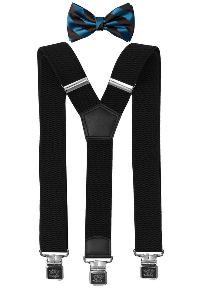 Fabio Farini Hosenträger mit passender Fliege als Set 4cm Y-Form für Herren Pack Schwarz 4cm Hosenträger - Schwarz/Blau Gestreifter Fliege von Fabio Farini