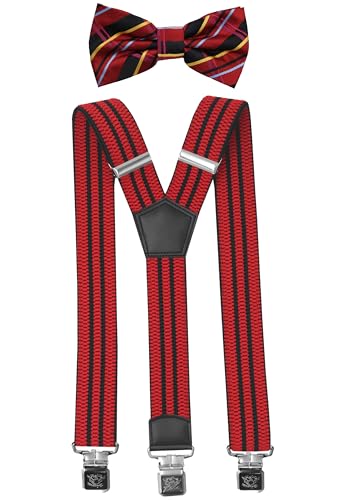 Fabio Farini Kombination aus Herren Y-Form 4cm Hosenträger mit Passender Fliege im Set - 3 Extra Starke Clips Set Rot Streifen 4cm Hosenträger - Rot/Schwarz/Bunt Gestreifter Fliege Fabio Farini Kombination aus Herren Y-Form 4cm Hosenträger mit Passender Fliege im Set - 3 Extra Starke Clips Set Rot Streifen 4cm Hosenträger - Rot/Schwarz/Bunt Gestreifter Fliege von Fabio Farini