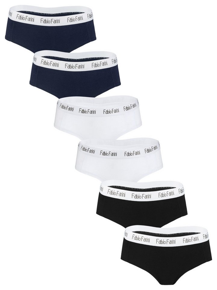 Fabio Farini Slip Damen Unterhosen - Frauen Hipster Panties aus elastischer Baumwolle (Packung, 6-St) im sportlich modernen Look mit Logo-Bund von Fabio Farini