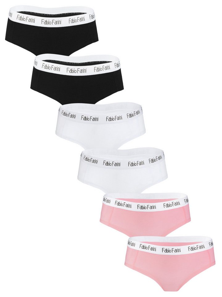 Fabio Farini Slip Damen Unterhosen - Frauen Hipster Panties aus elastischer Baumwolle (Packung, 6-St) im sportlich modernen Look mit Logo-Bund von Fabio Farini