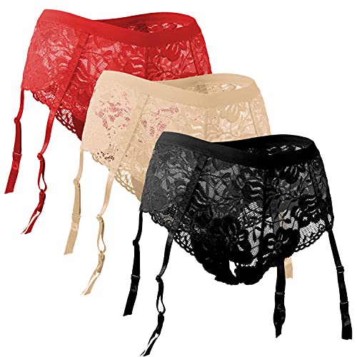 Fabio Farini verführerische Damen Strumpf-Halter Strapsgürtel Lingerie Lingerie in verschiedenen Designs und Farben 1x Rot, 1x Beige, 1x Schwarz L von Fabio Farini