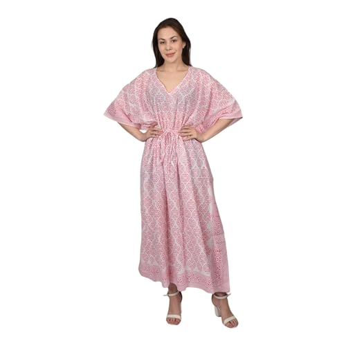 Fabric Venue Damen Ethno Hand Block Print Baumwolle Bedrucktes Kaftan Sommerkleid Strandkleid Rosa Geometrisches Print Kaftan Kleid Baumwolle, Rosa von Fabric Venue