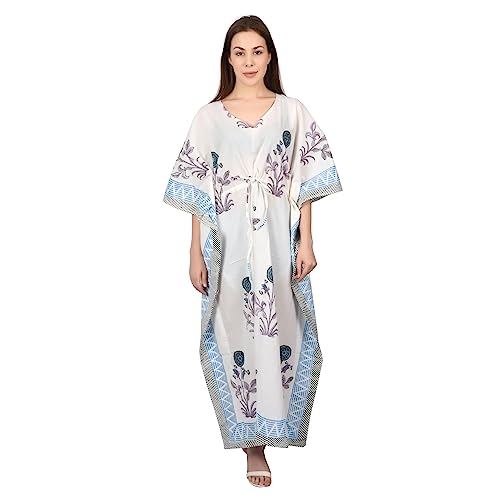 Fabricvenue Damen Ethno Hand Block Print Sanganeri Baumwolle Maxi Kaftan Nachtwäsche Kleid Strandkleidung Blumenkleid Kaftan Baumwolle, Blau von Fabric Venue