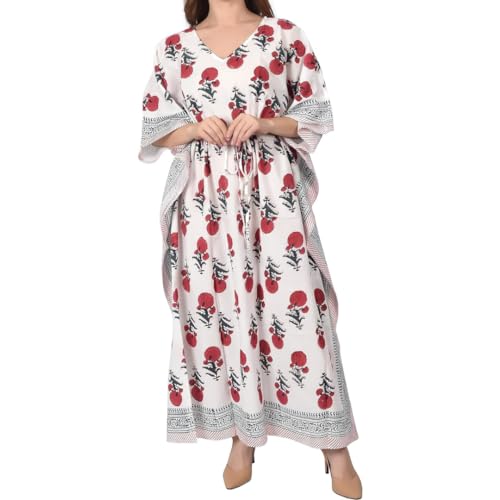 Fabric Venue Maxi-Kaftan-Nachtwäschekleid aus Baumwolle mit Ethno-Handblockdruck für Damen, Strandkleid, Kaftankleid mit Blumenmuster, Baumwolle, Mehrfarbig von Fabric Venue