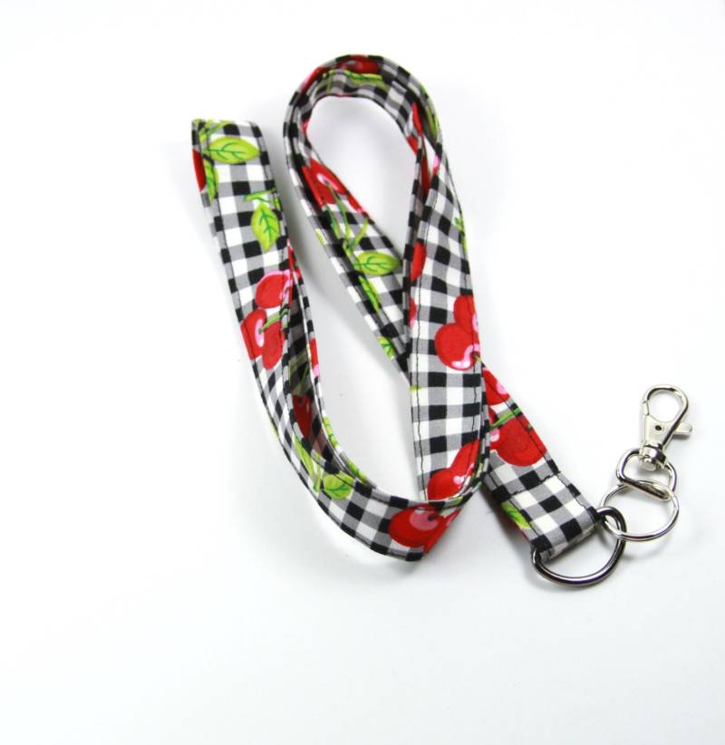 Cherry Stoff Schlüsselband, Schwarz Und Rot Kirsche Ausweishalter von FabricLoveandFun