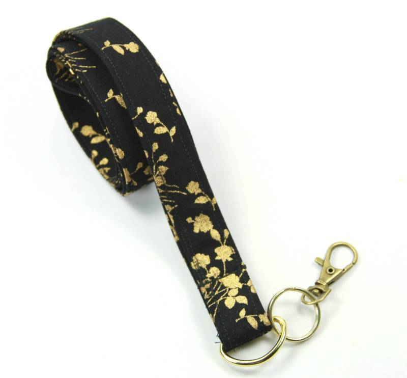 Golden Flower Lanyard, Gold Auf Schwarzem Schwarzer Ausweishalter, Goldenes Und Schwarzes Lanyard von FabricLoveandFun