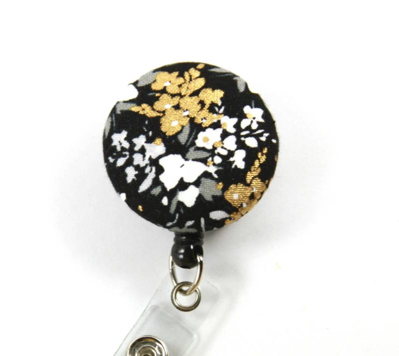 Goldene Blume Abzeichen Reel, Schwarz Und Gold Button Badge Versenkbare Holder von FabricLoveandFun