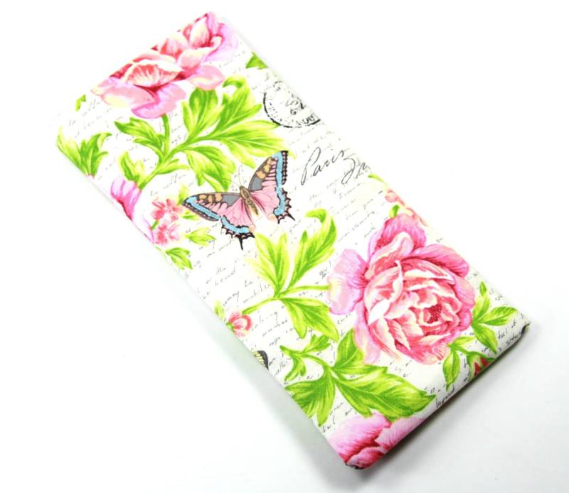 Pink Butterfly Stoff Tasche, Sonnenbrille Fall Brillen Fall, Stoffbeutel, Rosa Rosen, Schmetterling Hülle Handytasche von FabricLoveandFun