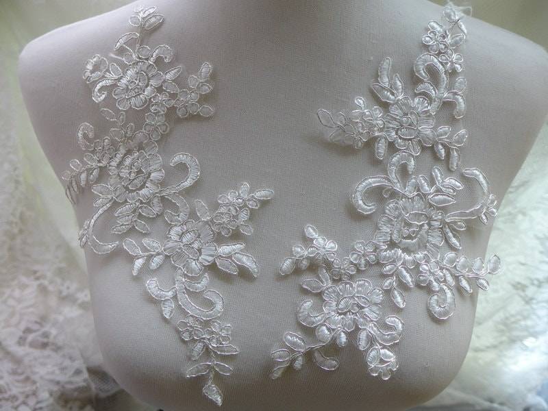 1 Paar Braut Hochzeit Off White Lace Trim Silberfaden Alencon Spitze Nähen Applikationen von FabricTrims
