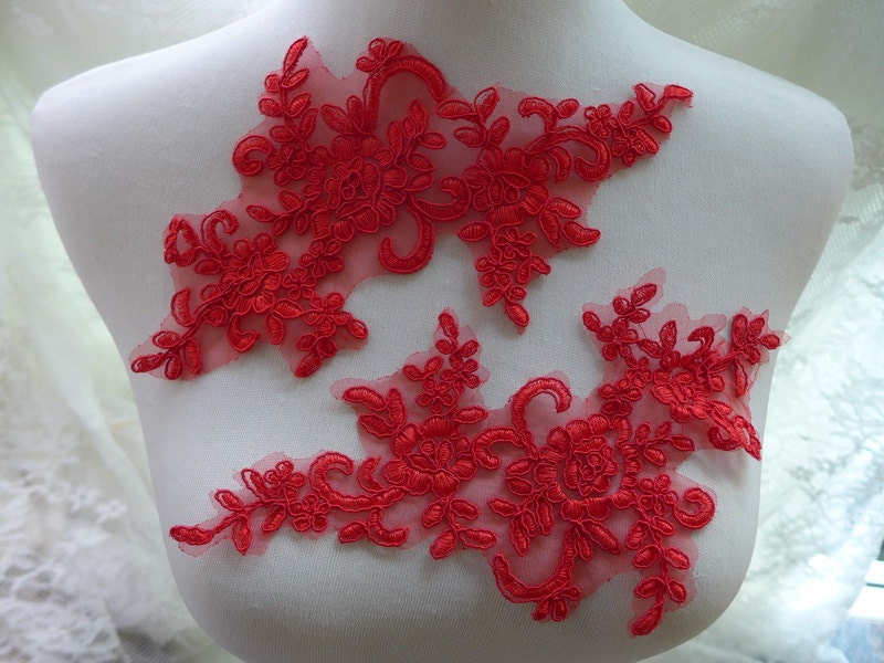 1 Paar Braut Hochzeit Spitzen Applikationen in Rot Für Stirnbänder, Kleider, Nähen von FabricTrims