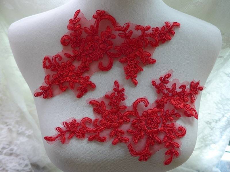 1 Paar Braut Hochzeit Spitzen Applikationen in Rot Für Stirnbänder, Kleider, Nähen von FabricTrims