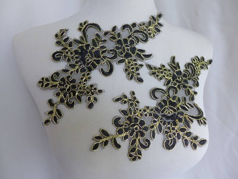 Ein Paar Schwarze Applikation Gold Geschnürt, Gestickte Spitze-Applikation Für Brautkleider, Nähen von FabricTrims