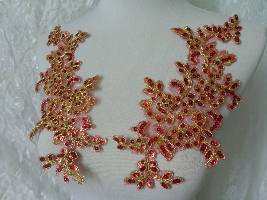 Perlen Spitzen Applikation, Rote Pailletten Auf Netz, Gold Cord Stickapplikation, 1 Paar von FabricTrims