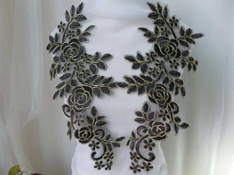 Retro-stil Gestickte Blumenapplikation Alencon Spitzenapplikation in Der Schwarzen Goldschnürung Applikation Auf Mesh Diy Nähen von FabricTrims