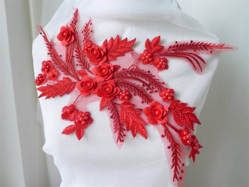 Schöne 3D Blumen Rot Perlen Applikation, Stickerei Applikation Spitze Paar 7 Farben Schöne 3D Blumen Rot Perlen Applikation, Stickerei Applikation Spitze Paar 7 Farben von FabricTrims