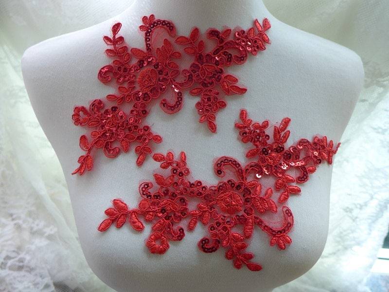 Weiß Rot Applikation Pailletten Gestickte Spitzeappliktion, Hochzeitskleid, Brautkleid, Partykleid, Handwerk Kleidungsstücke Nähen von FabricTrims