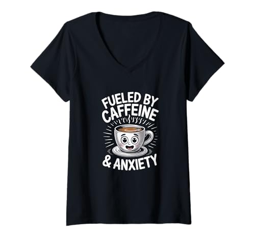 Damen Angetrieben durch Koffein und Angst T-Shirt mit V-Ausschnitt von Fabrinity