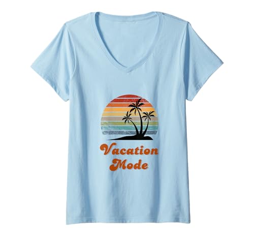 Damen Urlaubsmodus Retro Sonnenuntergang T-Shirt mit V-Ausschnitt von Fabrinity