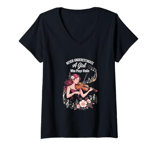 Damen unterschätzen Sie niemals ein Mädchen, das Violine spielt T-Shirt mit V-Ausschnitt Damen unterschätzen Sie niemals ein Mädchen, das Violine spielt T-Shirt mit V-Ausschnitt von Fabrinity
