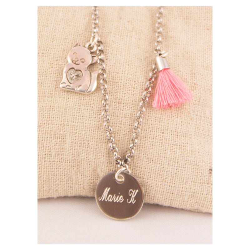 Halskette Personalisierte Kind Medaille Eingravierten Namen Charm Katze Bommel Halskette Personalisierte Kind Medaille Eingravierten Namen Charm Katze Bommel von Fabriqueatresors