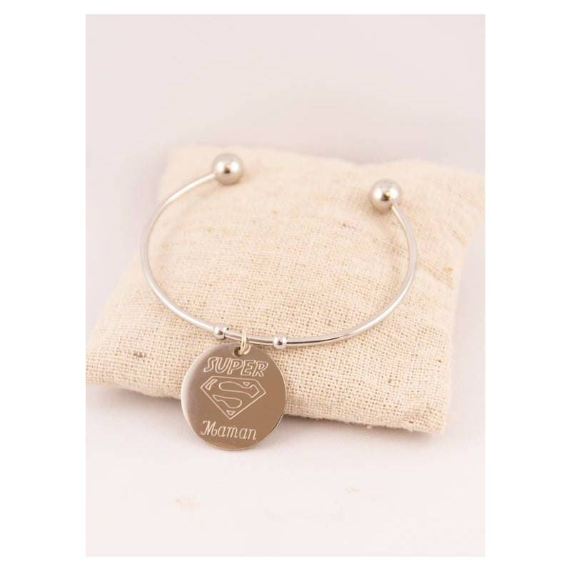 Jonc Super Mom Aus Stahl Personalisierte Gravur Rückseite, Graviertes Geschenk, Mama, Weihnachten, Muttertag von Fabriqueatresors