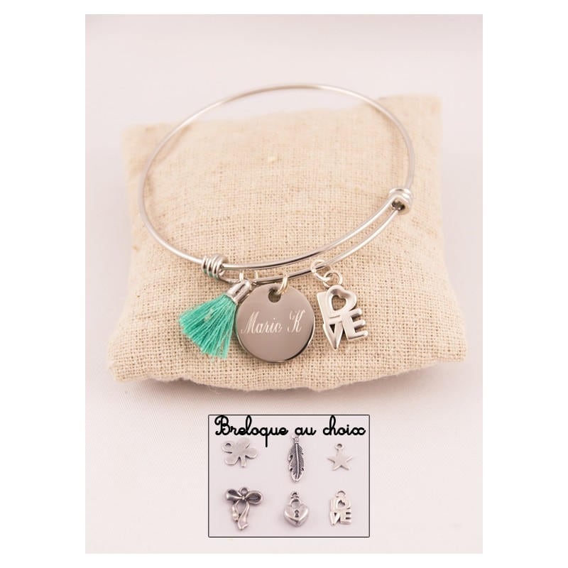 Rush Steel Pompon & Personalisierte Medaille Graviert Mit Charm Ihrer Wahl, Weihnachtsgeschenk, Geburtstag, Ehefrau, Patin, Freund, Mama, Oma von Fabriqueatresors