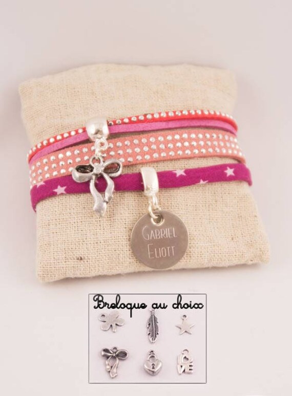 Stahlmedaille Aus Stoff Und Rosafarbenem Wildleder Mit Gravur, Personalisierbar Vornamen Anhänger Ihrer Wahl von Fabriqueatresors