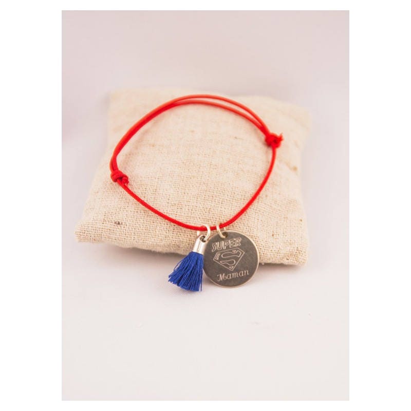 stahl-Armband Verstellbare Kordel Quaste Und Medaille Super Mom Graviert Benutzerdefinierte Auswahl von Fabriqueatresors